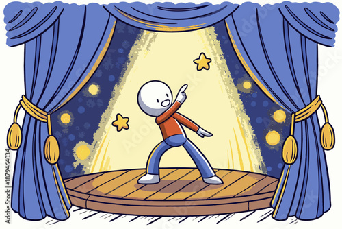 Stick Figure Performer on Stage with Blue Curtains Illustration