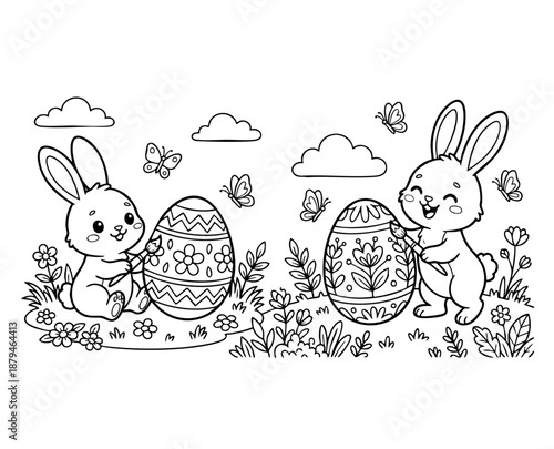 bunny painting easter egg and some flowers, coloring page ready to print on standard 8.5x11 inch paper. eps file.