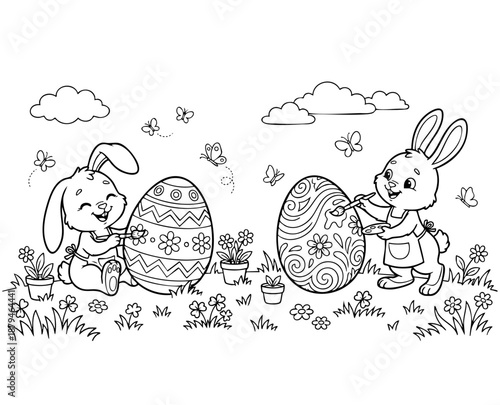 bunny painting easter egg and some flowers, coloring page ready to print on standard 8.5x11 inch paper. eps file.