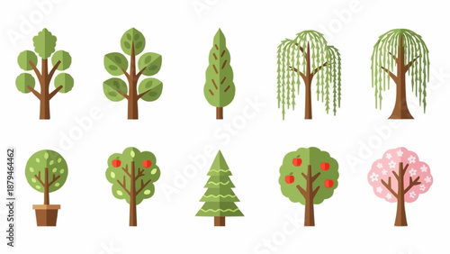Collection of ten different stylized trees and plants.