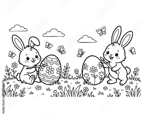 bunny painting easter egg and some flowers, coloring page ready to print on standard 8.5x11 inch paper. eps file.