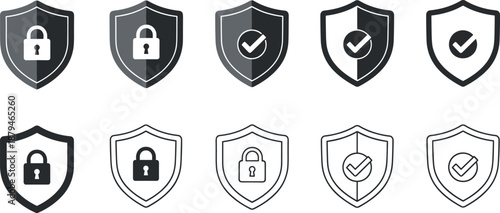 Security, shield, lock, checkmark, icons, set, protection, cybersecurity, privacy, authentication, secure, access, verification, safety, network, system, vector, illustration, isolated, background