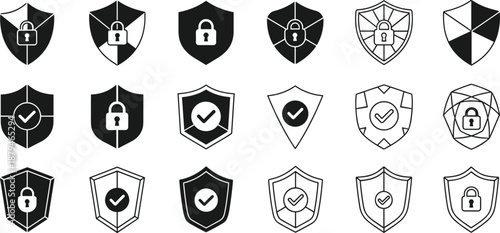 Security, shield, lock, icons, set, protection, checkmark, cybersecurity, privacy, authentication, secure, access, safety, defense, network, system, vector, illustration, isolated, background