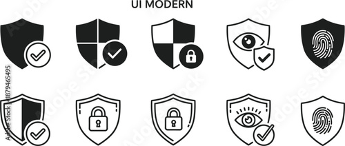 UI, modern, security, shield, icons, set, protection, lock, fingerprint, eye, cybersecurity, privacy, authentication, secure, access, safety, vector, illustration, isolated, background