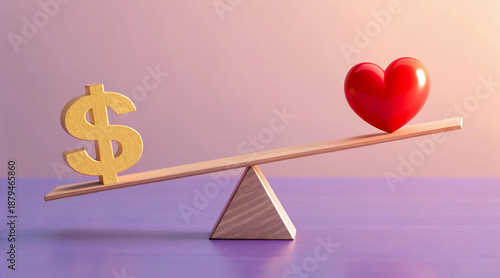 A symbolic wooden seesaw illustrates the delicate equilibrium between financial gain and human emotions