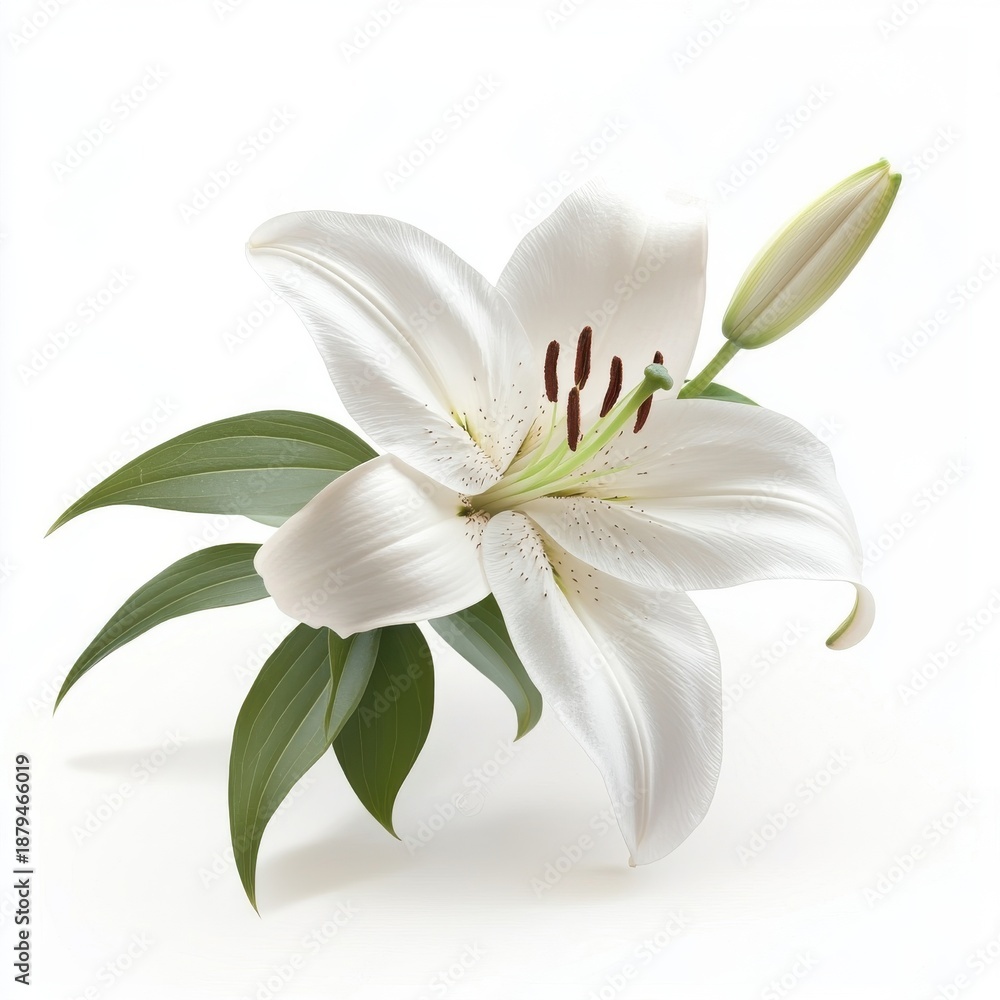 Fototapeta premium White lily with leaves, isolate on white background.
