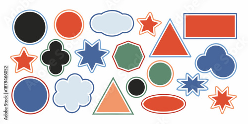 Colorful assortment of basic geometric shapes and forms arranged on a white background