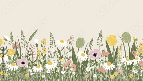 Seamless Border of Wildflowers and Green Grass Under a Light Cream Sky