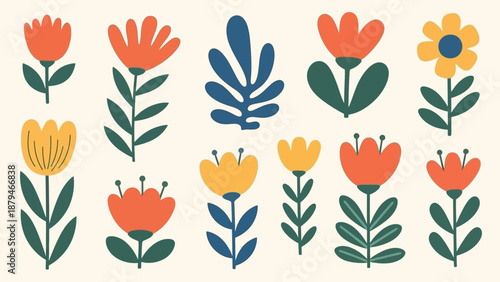 Vibrant Folk Art Style Flowers and Leaves Pattern on a Beige Background