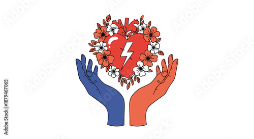 Two different colored hands gently hold a flowered anatomical heart with a lightning bolt crack, symbolizing love and healing.