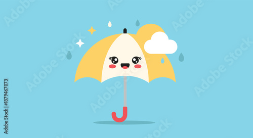 Adorable kawaii character of a smiling yellow umbrella with a small cloud on top, happily enjoying sparkling raindrops on a blue background.