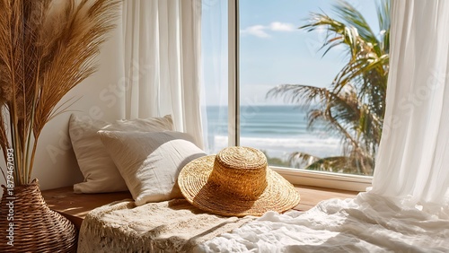 A window seat with a hat, pillows, curtains, vase, overlooking a sunny beach scene