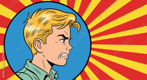 Retro pop art comic book illustration of an angry young man with blond hair and a scowling expression inside a blue circle.