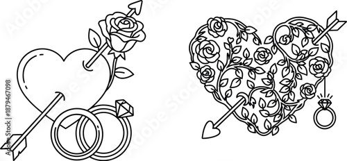 Black and white outline set depicting romantic symbols of love like hearts pierced by Cupid's arrows and delicate wedding engagement rings.