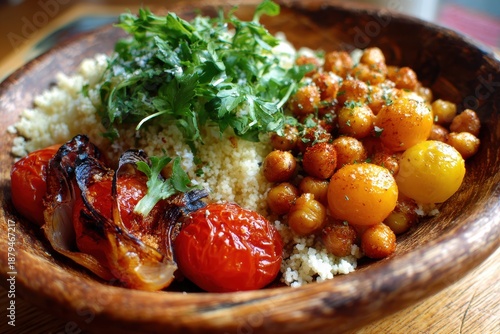 Colorful and Healthy Plant-Based Bowl with Chickpeas, Roasted Tomatoes, and Fresh Herbs in a Rustic Wooden Dish