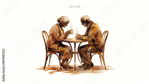 Happy old senior couple drinking hot coffee, tea and wishing valentine's day image. Coffee, tea, product, and hotel restaurant offer promo concept.