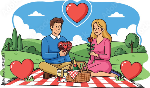 Romantic couple enjoying a sweet outdoor picnic exchange featuring a heart-shaped box of chocolates and a beautiful long stem red rose gift