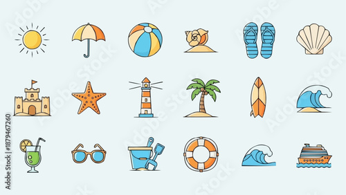 Collection of Summer Beach Vacation Icons and Symbols.