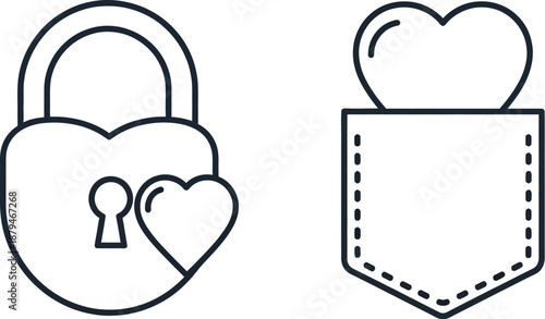 Outline icon set featuring a heart shaped padlock symbolizing locked love and a heart placed inside a pocket representing secret affection or hidden romance.