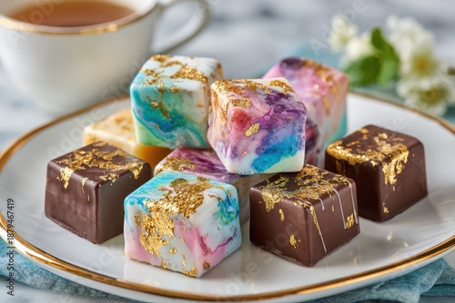 Colorful Artisan Desserts Featuring Edible Gold Foil Arranged on a White Plate with a Cup of Tea in the Background, Capturing a Luxurious Afternoon Treat Experience