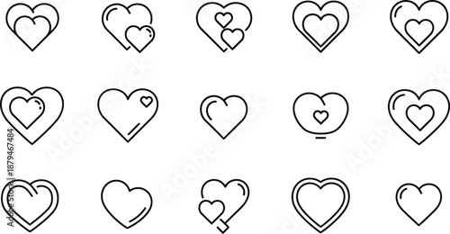 Collection of fifteen unique outline heart icons displaying various styles of love relationships and romantic concepts for design