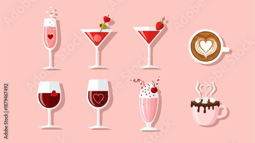 Collection of Valentines Day Drinks and Desserts.