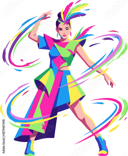 Colorful vector illustration of female carnival dancer with feathers.