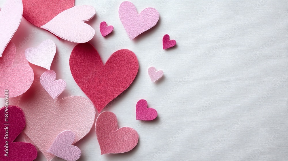 Obraz premium Paper cut pink hearts on white background, flat lay top view, Valentine’s Day greeting card template with copy space