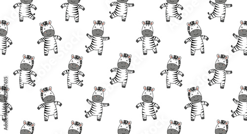 Cheerful seamless pattern with cute cartoon baby zebras in various playful and dancing poses isolated on a simple white background.