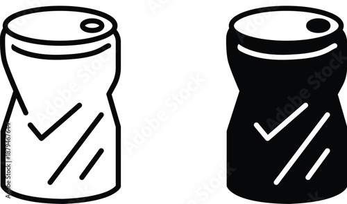 Soda can crush Icon vector Illustration, Black line dented soda cans Icons set, beverage and juice symbol silhouette 