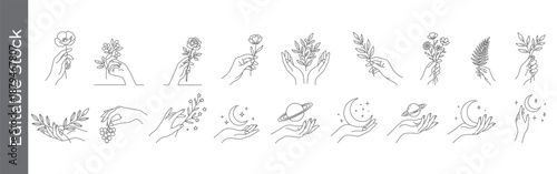 Hand holding flower and celestial icon set – editable outline symbols of hand, moon, star, planet and botanical