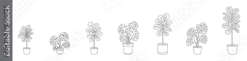 Potted plant and indoor greenery icon set – editable outline symbols of monstera, fiddle leaf fig, houseplant and pot