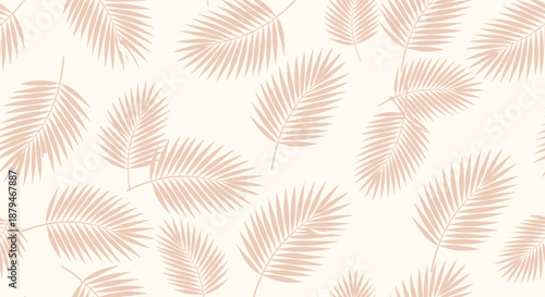 Minimalist and trendy seamless pattern of scattered tropical palm leaves in a soft pink-beige color on a light, neutral background.