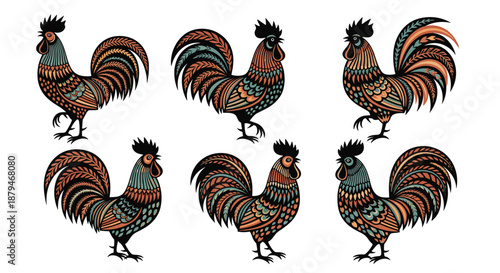 Collection of six beautifully detailed roosters in various poses, decorated with colorful and intricate ethnic folk art patterns.