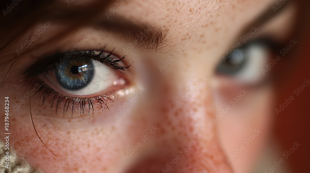 Fototapeta premium Close-Up of Two Blue Eyes with Long Eyelashes