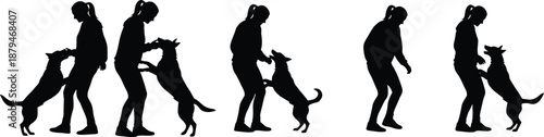 Silhouettes of Woman Interacting with Dog in Playful and Affectionate Poses, Isolated Human-Animal Bonding Moments for Pet Training Concept