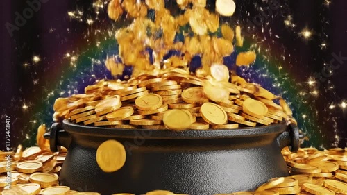 Wallpaper Mural A black cauldron brims with gold coins, rainbow arch overhead, stars glittering with magic and glow Torontodigital.ca