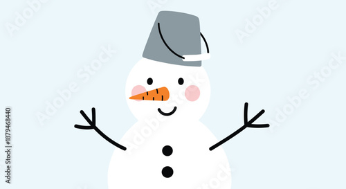 Adorable and simple hand-drawn illustration of a happy snowman with rosy cheeks, a carrot nose, and a bucket for a hat.