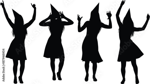 Silhouettes of women dancing and celebrating in party hats—black and white vector art capturing festive mood and joyful movement