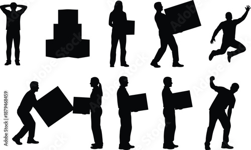 Silhouettes of workers lifting and carrying boxes, including jumping and exhausted figures, isolated vector labor set.