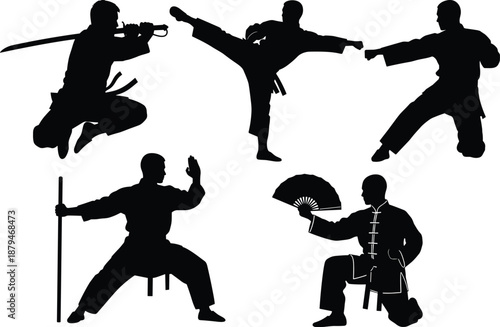 Silhouettes of Wushu and Kung Fu Masters Performing Kicks, Sword Attacks, and Traditional Chinese Martial Arts Poses Vector Set