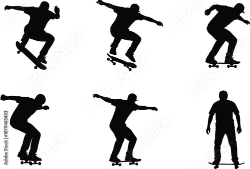 Skateboarder Silhouettes Vector Set Featuring Man Performing Tricks, Jumps and Riding Skateboard