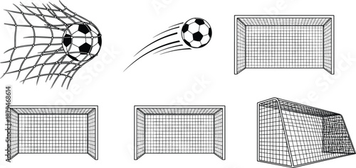 Soccer goal and football net illustration set showing scoring action, flying ball motion, and empty goal frames isolated