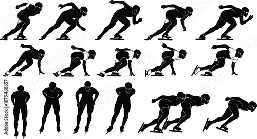 Speed skating athlete motion sequence silhouette set showing start, acceleration and racing poses isolated on white background illustration