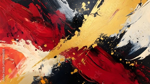 Vibrant abstract expressionist painting showcases dynamic brushstrokes of intense red black white and shimmering metallic gold creating powerful visual energy