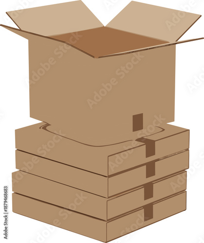 Stack of cardboard boxes with open top box for shipping, packaging, delivery, storage, logistics, ecommerce, and moving concepts