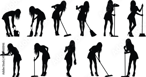 Stylized cleaning woman silhouettes in various poses with tools, domestic chore icons for branding, education, or design themes