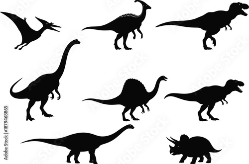Stylized Dinosaur Silhouettes Vector Set featuring T-Rex, Triceratops, Brontosaurus, and Pterodactyl for Prehistoric, Extinct Animal, and Jurassic Park Designs.