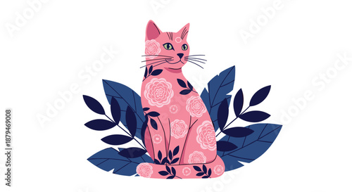 Stylized illustration of a graceful pink cat decorated with a floral rose pattern, sitting elegantly among dark blue leaves.