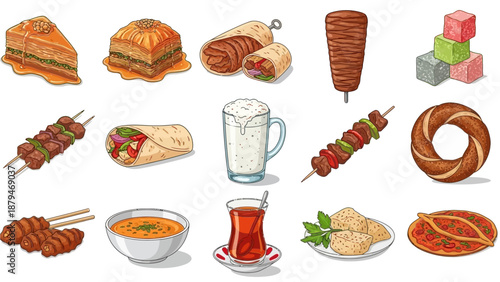 Vector flat, Turkish national food set. Baklava, doner kebab, rahat lukum, shawarma, kebab, ayran, boza, turkish tea, bagel simit and other
